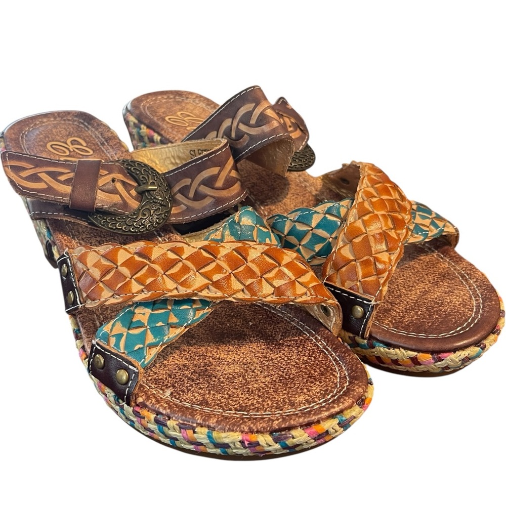 Elite Corkys Poppy Amber Multi Pattern Hand Made Leather Wedge Boho Sandals 8 - Picture 2 of 11